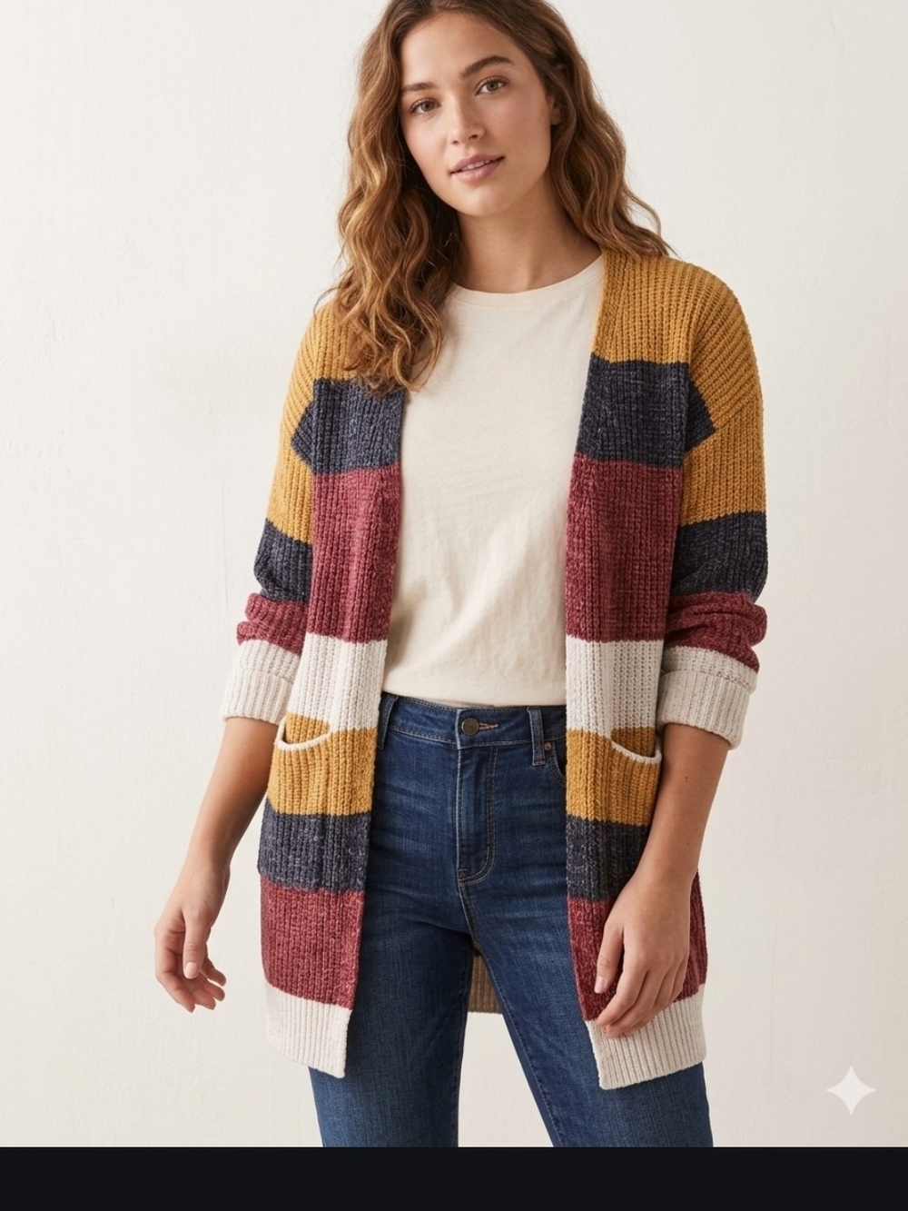 Striped Open-Front Cardigan Sweater in Mustard, Gray & Rust